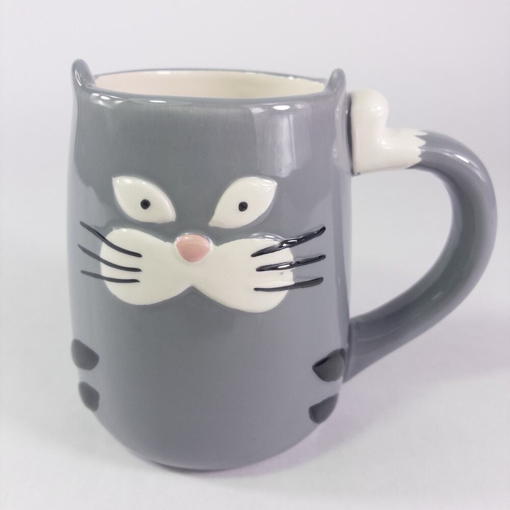 TAG 3D Gray Kitty Cat Coffee Mug Cup Gift Mug Tea Ears Whiskers Tail Handle Cute